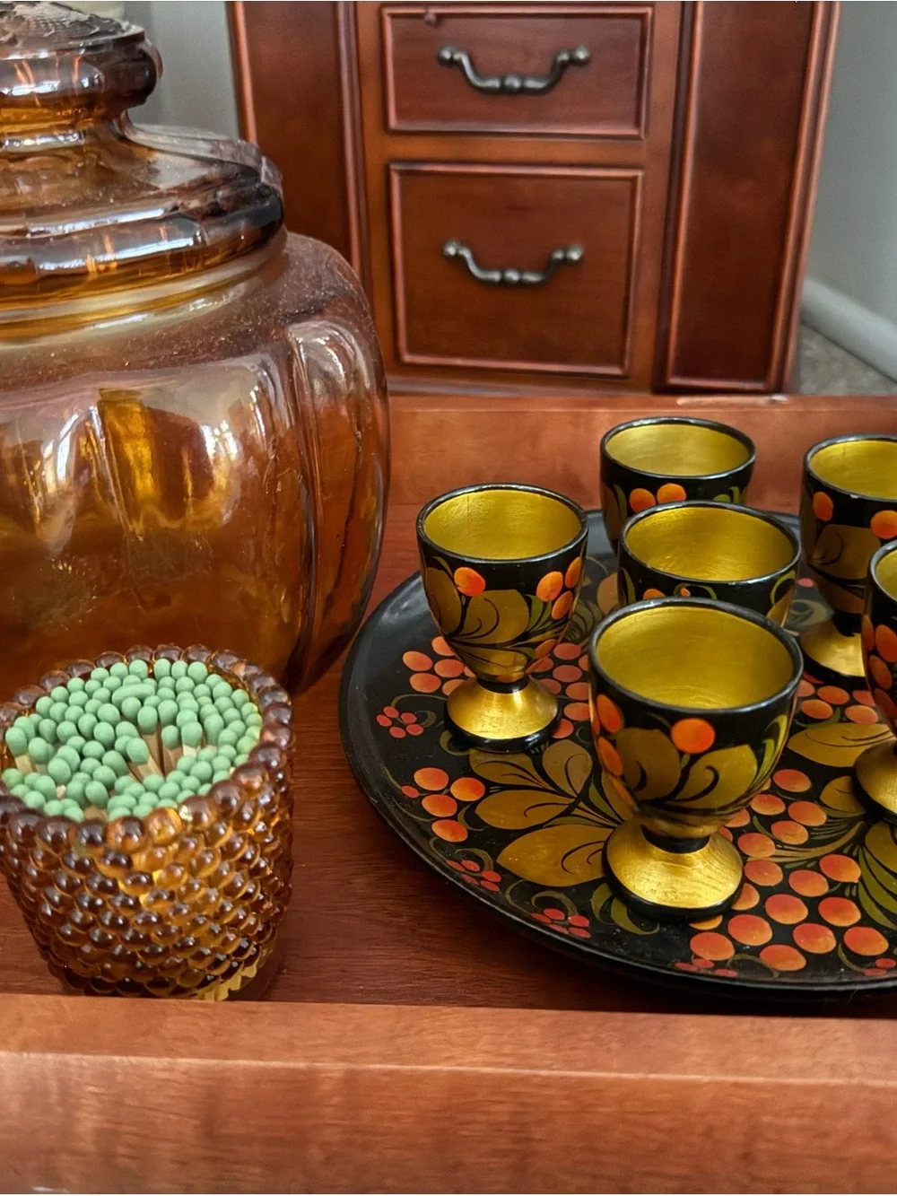 Vintage 7-Piece Russian Khokhloma Lacquerware Set.